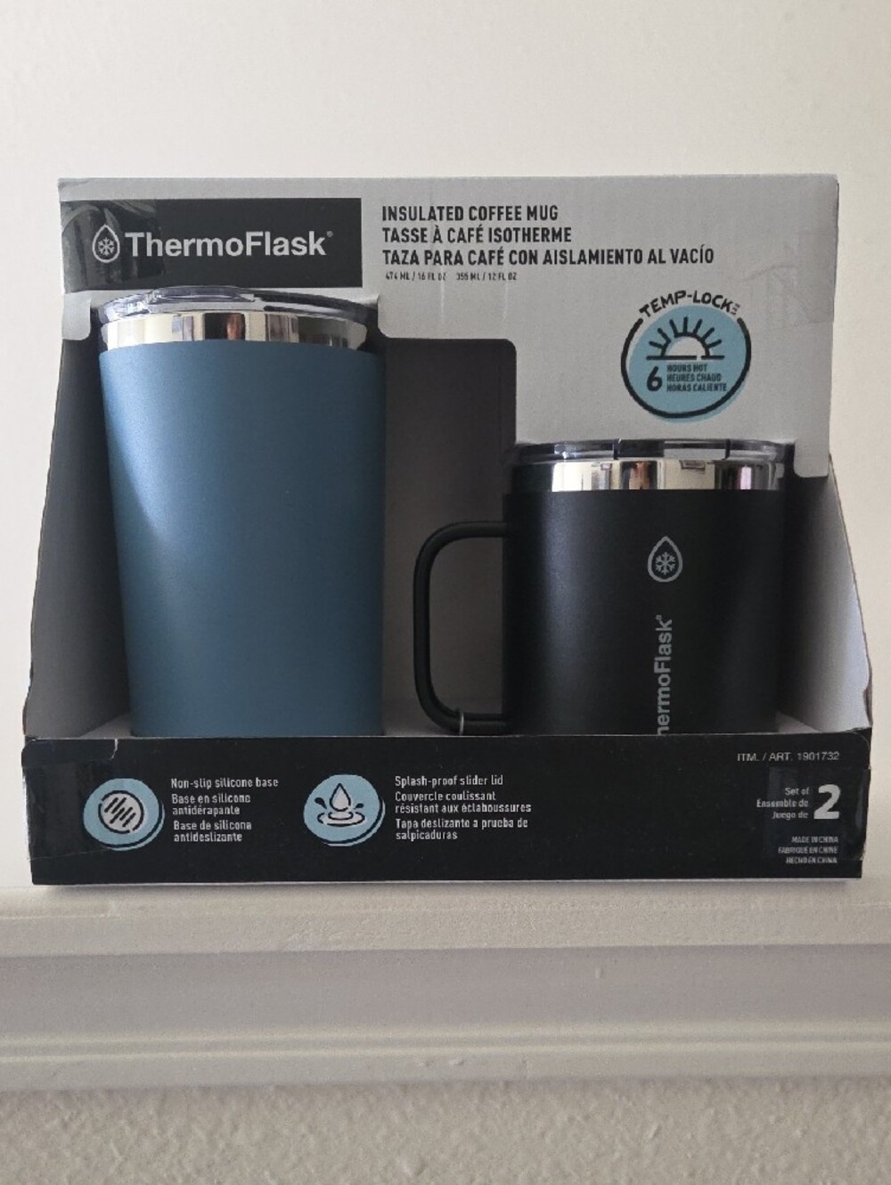 ThermoFlask Thermal Coffee Mugs - Blue & Black, 2-Pack